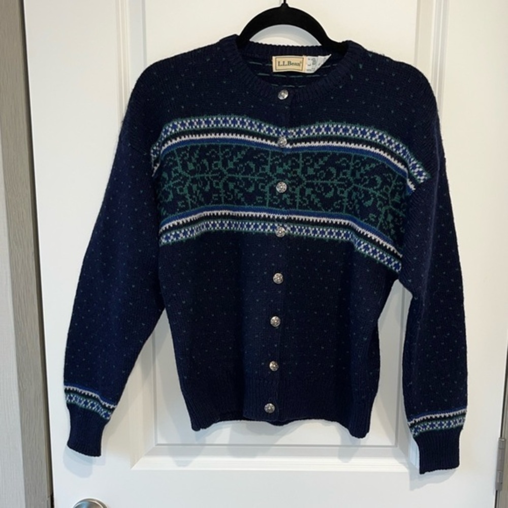 Vintage LL Bean Cardigan Sweater Women's Large Navy Fair Isle Button Wool